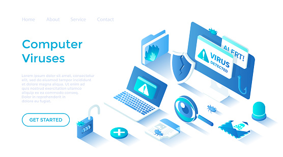 Computer Viruses. Errors detected, alert messages, bugs, open lock, infected files, broken shield. Monitor and laptop with alert messages. Landing page template for web on white background.