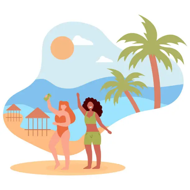 Vector illustration of Girls taking selfie. Women on beach in swimsuits with smartphone.Travel and adventure, tourism and holidays in exotic and tropical countries.flat vector illustration.