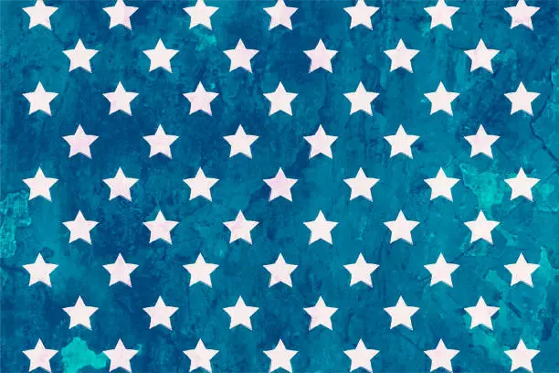 Vector illustration of A faded effect grunge turquoise blue weathered smudged background with an all over pattern of white coloured stars as in United States flag painted as graffiti over painted smudged cement wall old