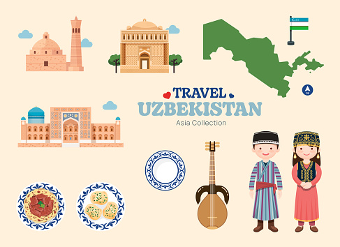 Travel Uzbekistan flat icons set. Uzbek element icon map and landmarks symbols and objects collection. Vector Illustration