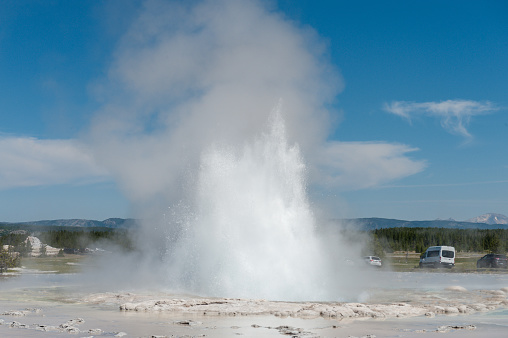 Eruption of the Great Fountain Geyser in Yellowstone National park.