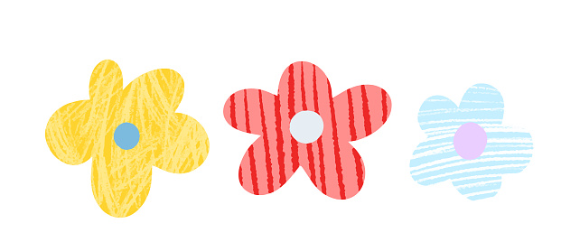 hand-drawn colored childish  simple flat art with flowers in scandinavian style. Cute baby flower illustrations. Stickers for kids with botanical elements. Nature, garden