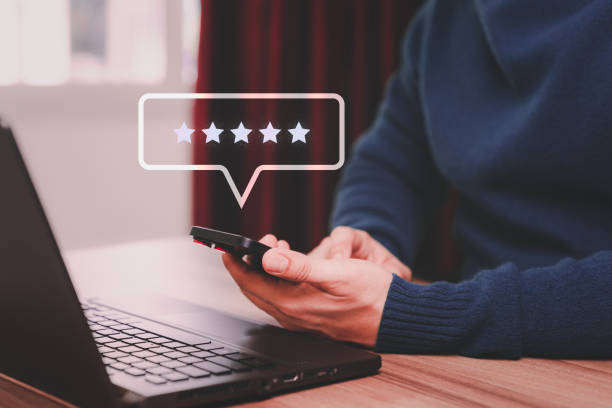 istock Customer review assessment and testimonial and satisfaction feedback survey. Client give rating to service experience on online application. Customer can evaluate quality of service and ranking. 1497120524