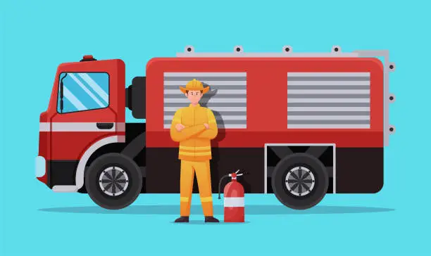 Vector illustration of Firefighter character with Fire truck vector illustration