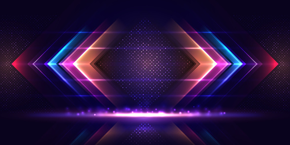 Abstract arrows light effect on dark background. Dynamic geometric overlapping motion. Futuristic template for banner, presentations, flyers, posters. Vector EPS10.
