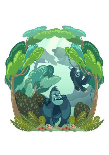 Gorilla mother and son in the forest. Gorillas in the forest. The young gorilla swing on the tree and the adult gorilla watching her son playing. Is a vector file. Suitable for children publication and all kind of collaterals. huge silverback gorilla stock illustrations
