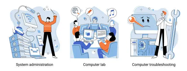 Vector illustration of System administrations, computer lab and troubleshooting vector metaphors set, digital technology