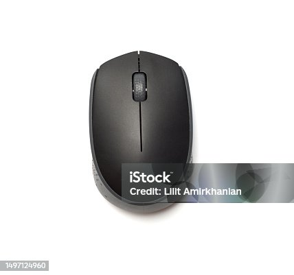 istock Black wireless mouse isolated on white background, top view 1497124960