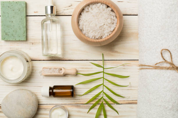 istock Composition with spa products on wooden background, top view 1497125945