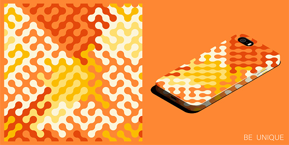 Modern smartphone in unique case decorated abstract geometric pattern with fractal ornament. Spring and summer ornate. Isometric top view. Vector ornament for design of posters and accessory