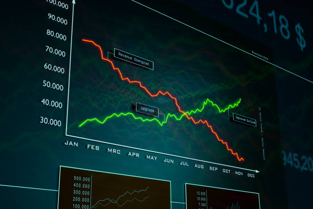 восходящая и нисходящая линия, график и финансовый отчет. - spreadsheet improvement analyst graph stock illustrations