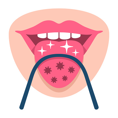 Tongue scraper flat cartoon icon with bacterium removing properties - oral hygiene tool