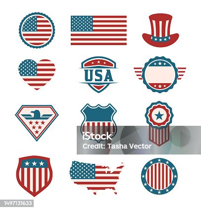istock USA symbol set. American emblems collection. US labels, badges and shields. 1497131633