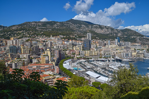 Monte Carlo, Monaco - September 7 2019: panoramic view of Port Hercules, La Condamine and Monte Carlo, daytime