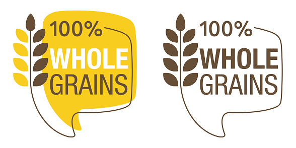 100 percent Whole Grains - badge for cereals, healthy and dietary food labeling. Message bubble with wheat spike