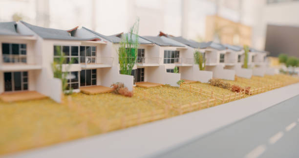 Real estate, buildings and 3D model for architecture design, project or planning exterior detail. Background of building layout, architectural prototype or floor plan for construction development