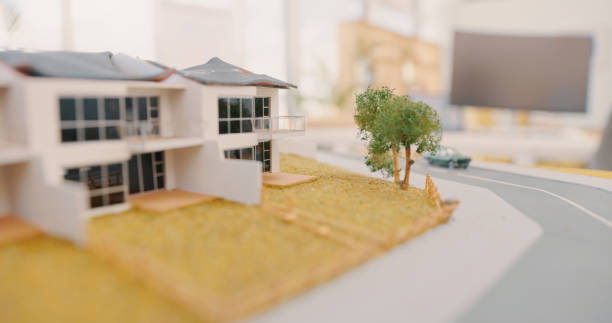 istock Real estate, buildings and 3D model for architecture design, project or planning exterior detail. Background of building layout, architectural prototype or floor plan for construction development 1497136367