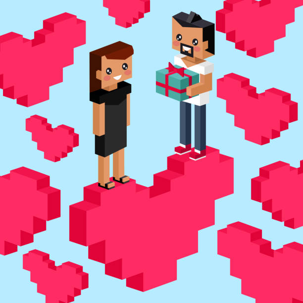 illustrations, cliparts, dessins animés et icônes de affiche de la saint-valentin dans le style pixel art. message d’amour. cœurs rose pixel et couple pixélisé - valentines day love true love heart shape