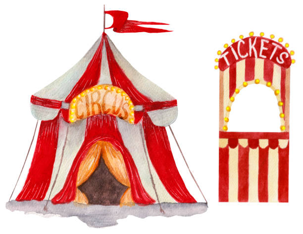 акварельный набор, яркий цирковой шатер и касса изолированы на белом фоне. - birthday card greeting card banner striped stock illustrations