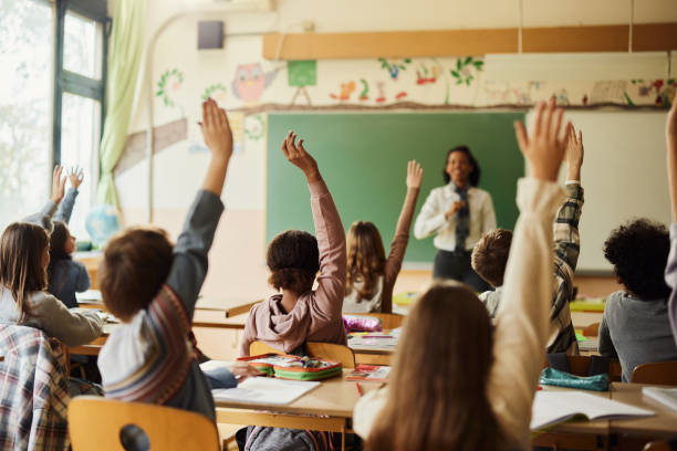 istock Back view of students raising their hands to answer the teacher's question on a class. 1497138146