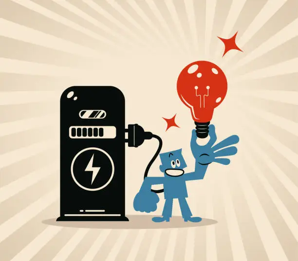 Vector illustration of A smiling blue man is plugging in the charging station to make the bulb in his hand full of energy