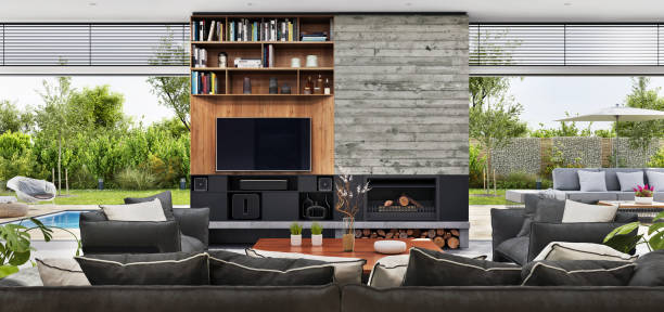istock Modern open plan living room with patio 1497139864