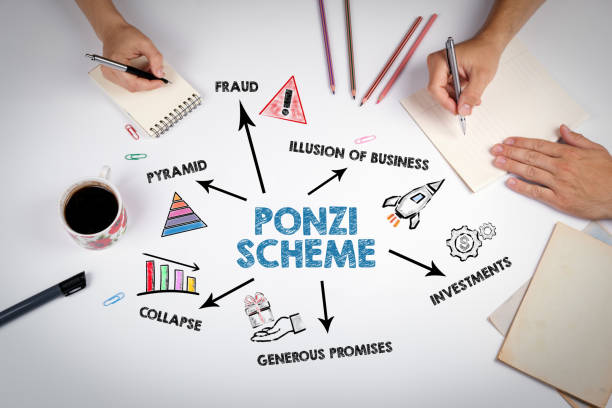 concetto di schema ponzi. l'incontro al tavolo bianco dell'ufficio - insurance dictionary definition single word foto e immagini stock