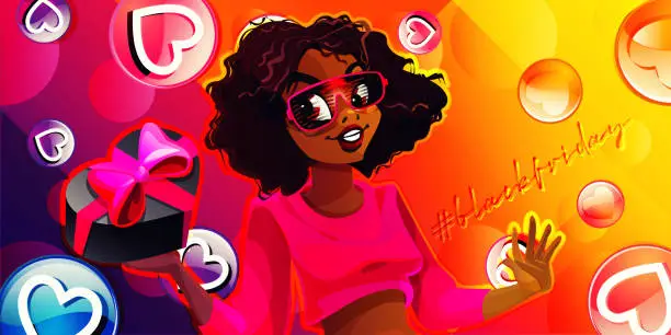 Vector illustration of Seasonal sales concept in cartoon style. Black Friday. Young beautiful african american woman with a gift on an abstract festive color background with hearts. Bright creative poster or banner.