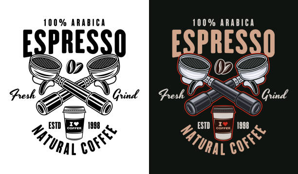 Espresso coffee vector emblem, logo, badge or label with portafilters in two styles black on white and colored Espresso coffee vector emblem, logo, badge or label with portafilters in two styles black on white and colored barista stock illustrations