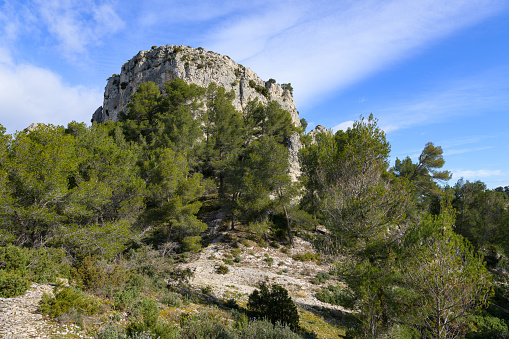 Massive rock formation in the Alpilles (Provence, France) on a sunny day in springtime