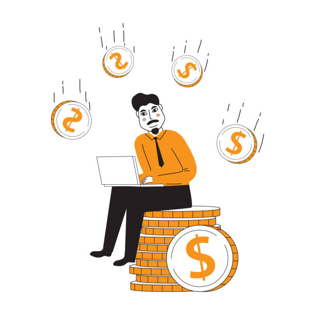 istock Happy businessman sits stack of coins.Man with laptop. 1497142259
