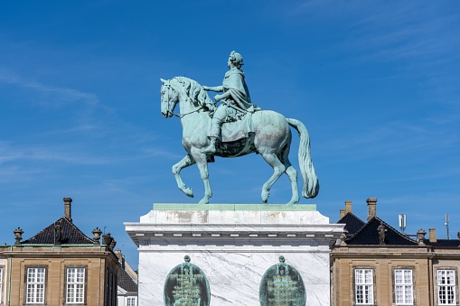 Equestrian statue of King Frederick V of Denmark in the center of Amalienborg Square, Copenhagen.