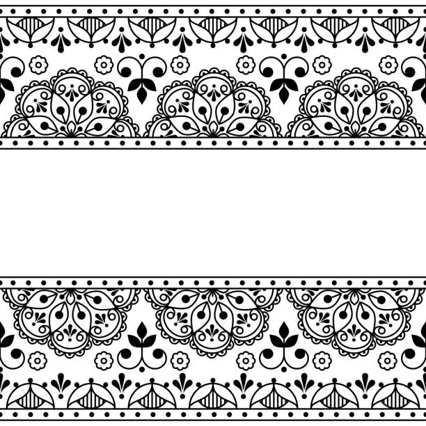 Vector illustration of Scandinavian folk art outline vector seamless greeting card pattern, black and white retro design with flowers inspired by old embroidery backgrounds