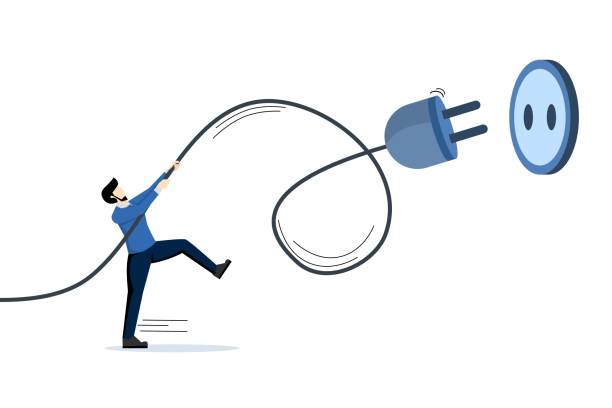 electricity saving, ecological awareness or electricity cost reduction and spending concept, man unplugging the power cord to unplug to save money or for ecological power. flat vector illustration. - government shutdown stock illustrations