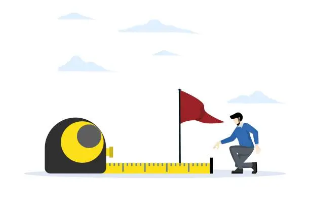 Vector illustration of how far from goal and business achievement or growth metric analysis concept, Business success measurement, smart businessman using measuring tape to measure and analyze distance from flag target.