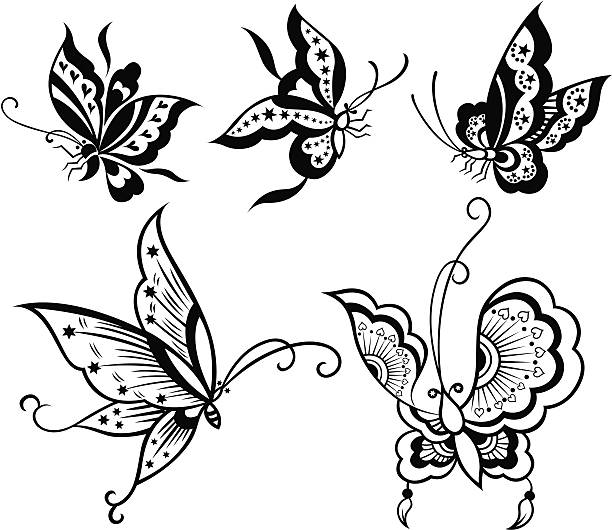 ilustrações de stock, clip art, desenhos animados e ícones de borboleta com padrão de coração e estrelas - butterfly single flower vector illustration and painting