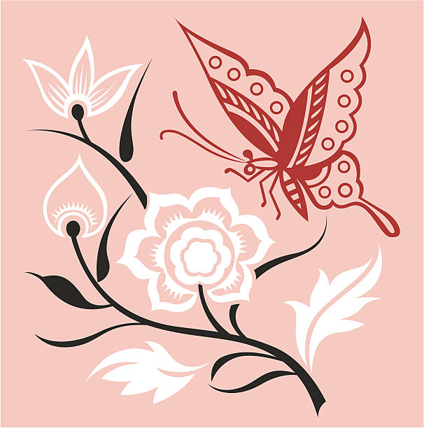 ilustrações de stock, clip art, desenhos animados e ícones de borboleta e elegante bonito crisântemo - butterfly single flower vector illustration and painting