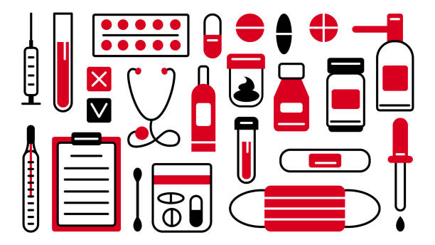 의료 및 의료 플랫 아이콘 세트 - syringe silhouette computer icon icon set stock illustrations