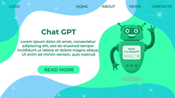 ilustraciones, imágenes clip art, dibujos animados e iconos de stock de lindo robot chat gpt agitando la plantilla de página de destino de mano. - chat gpt