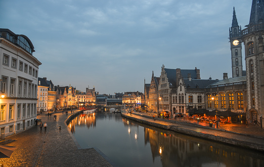 Ghent, Belgium - Oct 7, 2018. Night scene of Historic Center of Ghent, Belgium. Ghent is one of Europe most underrated, if not unknown, medieval cities.