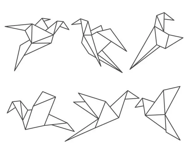 Vector illustration of Origami paper birds outline set