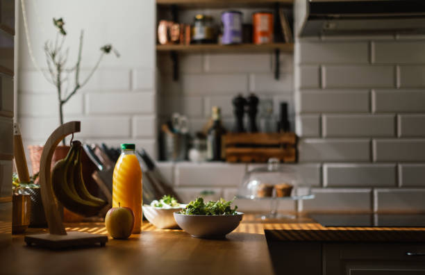 istock Close up of kitchen with salad and juice. 1497149317