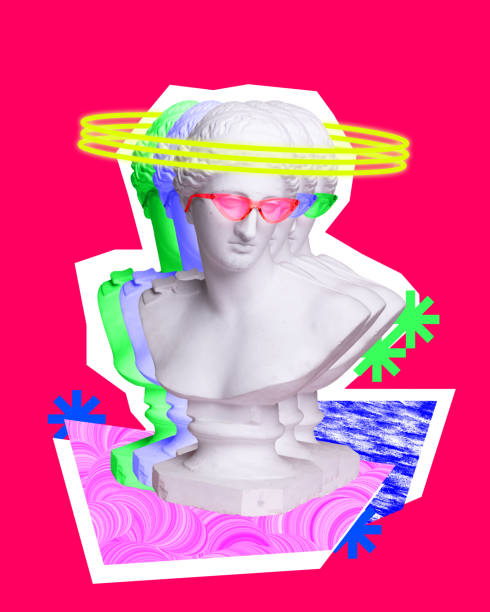 istock Antique statue bust in sunglasses against vivid pink background with abstract elements. Glitch. Contemporary art collage. 1497150961