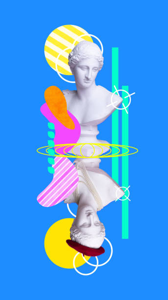 istock Reflection. Antique statue busts against blue background with abstract elements. Fashion. Contemporary art collage. 1497150974