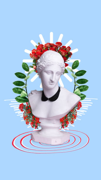 istock Elegance and femininity. Antique statue bust with rose flowers against pastel blue background. Contemporary art collage. 1497150975