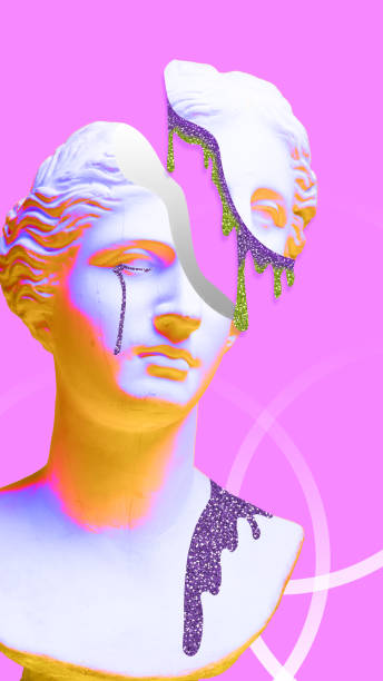 istock Surrealism. Antique statue bust with broken face part against pink background. Contemporary art collage. 1497150978