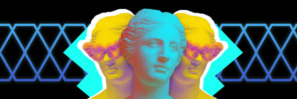 istock Team. Antique statue busts against dark background with abstract elements. Friendship and support. Contemporary art collage. 1497150985