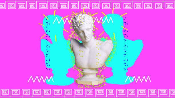 istock Antique statue bust against pink background with abstract elements. New vision. Contemporary art collage. 1497150987