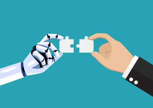 Vector illustration of Businessman and AI robot hand connect jigsaw puzzle together