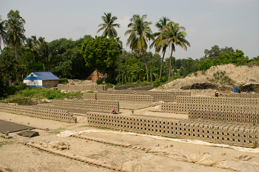 burul, west bengal, india - june 05, 2023 : raw clay brick blocks arranged and stacked in rows to dry up naturally before burning under the hot tropical sun